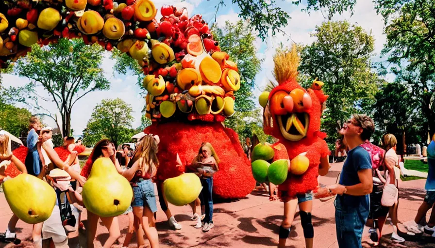 Image similar to 1990s candid photo of a beautiful day at the park, cinematic lighting, cinematic look, golden hour, costumed fruit mascot people coming out of a portal, Enormous personified fruit people with outstandingly happy faces coming out of a portal and talking to families, UHD