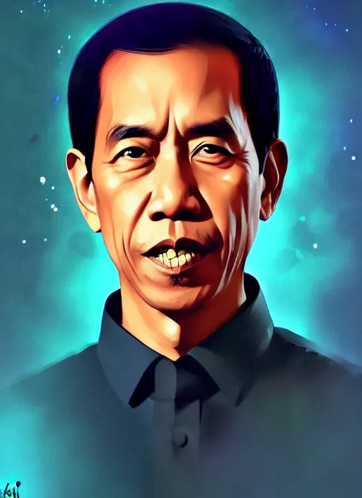 Image similar to a portrait of jokowi, fine - face, realistic shaded perfect face, fine details. blue - ish cosmic setting. very anime style. realistic shaded lighting poster by ilya kuvshinov katsuhiro, raden saleh, basuki abdullah, jeremy lipkin and michael garmash, rob rey and kentaro miura style, trending on art station