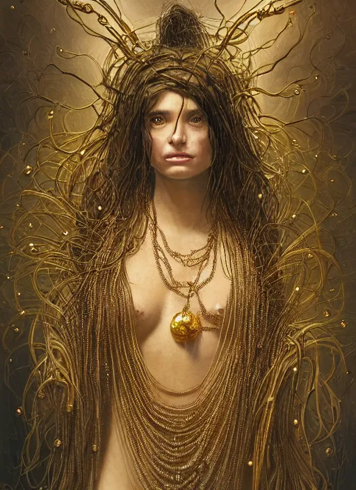 Image similar to mutant weaver with hundreds of gemencrusted golden necklaces, physically accurate, moody dynamic lighting, very very intricate, very very elegant, highly detailed, digital painting, artstation, HR GIGER, Hieronymus Bosch, Francis Bacon, concept art, smooth, very beautiful, sharp focus, illustration, art by artgerm and greg rutkowski and alphonse mucha