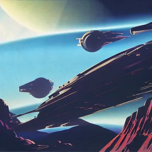 Image similar to beautiful matte painting of an exploration spaceship hovering over an alien world, cinematic angle, cinematic lighting, blue sky, by Syd Mead, John Harris, Federico Pelat