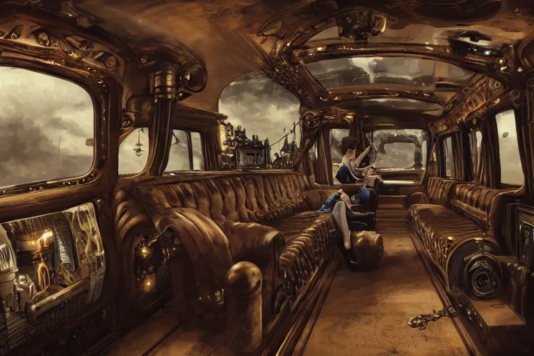 Image similar to interior of a steampunk limousine, pretty women having fun, luxury, 3d scene, render, ultra realistic, zenith view, Greg Rutkowski, artstation, cgsociety, level design, unreal engine, 3d scene, render, ultra realistic, zenith view, Milo Manara, Frank Frazetta, joe madureira