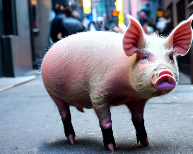 Image similar to pig with a very fat belly in new york city