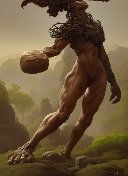 Image similar to an earth elemental throwing a rock, intricate, brutal, highly detailed, digital painting, artstation, concept art, smooth, sharp focus, illustration, art by artgerm and greg rutkowski and alphonse mucha, 8 k