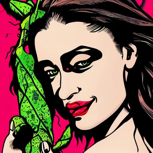 Image similar to Portrait of Shraddha Kapoor as Poison Ivy from Batman comics movie in style of Roy Lichtenstein, detailed face 8k, UHD
