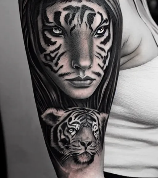 Image similar to tattoo design of a beautiful girl warrior under a tiger head, hyper realistic, realism tattoo, by eliot kohek, beautiful eyes, realistic face, black and white, white background