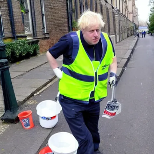 Image similar to A fine art painting of Boris Johnson doing community service in a high vis vest, he is picking litter on a British street