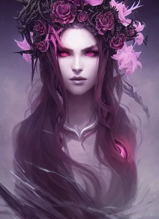 Prompt: beautiful necromancer with mist and smoke magic, long wavy hair, surrounded by thorns and lilies. attarctive face, anime key visual, highly detailed, sharp focus, concept art, league of legends, style by shumolly and monable and artgerm and greg rutkowski and zeronis and pilyeon and ruan jia