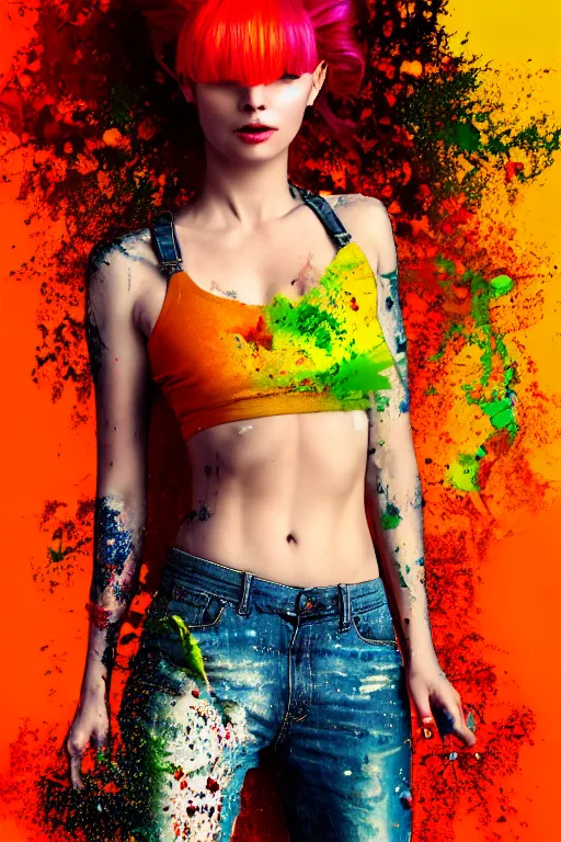 Image similar to a award winning half body portrait of a beautiful woman in a croptop and cargo pants with ombre red orange yellow hairstyle with head in motion and hair flying, paint splashes, splatter, outrun, vaporware, shaded flat illustration, digital art, trending on artstation, highly detailed, fine detail, intricate