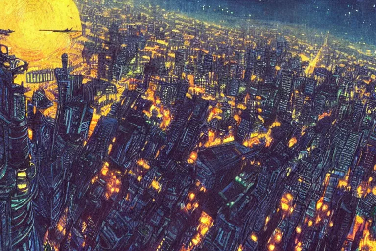 Prompt: sci - fi bangkok cityscape. wide angle night photo. helicopter view. exaggerated detail. volumetric lighting. art by van gogh and masamune shirow.