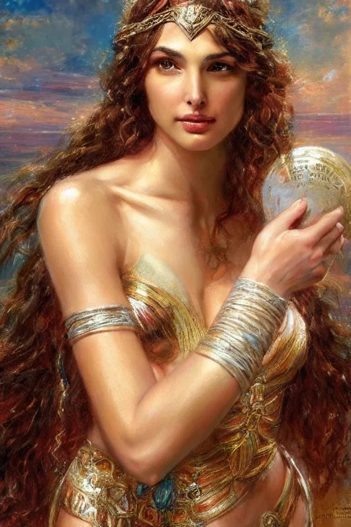 Image similar to high detail portrait of gal gadot as the goddess aphrodite. art by gaston bussiere.