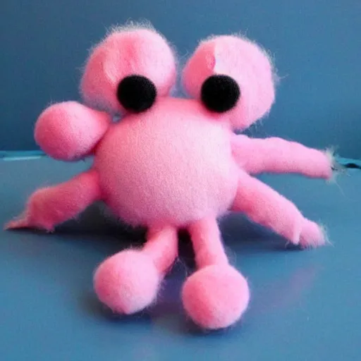 Image similar to pink stuffed spider doll, homemade, handcrafted, imperfect, puffy, fluffy