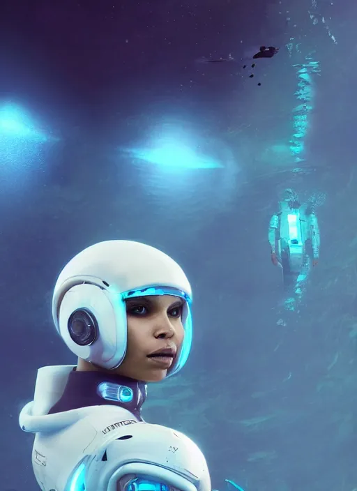 Image similar to Zoe Kravitz with short hair as a futuristic astronaut, helmet with led lights, underwater in the ocean at night, clear water, volumetric lighting, glowing lights, 4k, octane, underwater photography, artstation, concept art, sharp focus, wide angle view,