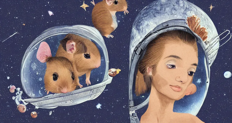 Image similar to realistic guineapigs's portrait on the cover of vogue magazine flying in space suits, deep dark universe, twinkling and spiral nubela, warmhole, beautiful stars, 4 k, 8 k, by hokusai, samurai man vagabond, detailed, editorial illustration, matte print, concept art, ink style, sketch, digital 2 d