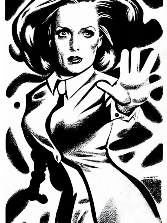 Prompt: dana scully illustrated by jack kirby, floating, hand outstretched, energy effects, power cosmic, poster, pen - and - ink illustration, kirby inks