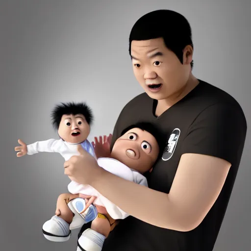 Image similar to shocked asian man cannot believe his eyes that he is holding a baby shaquille o ’ neal at hospital, award winning art, pixar, 3 d render, confusion, unreal engine