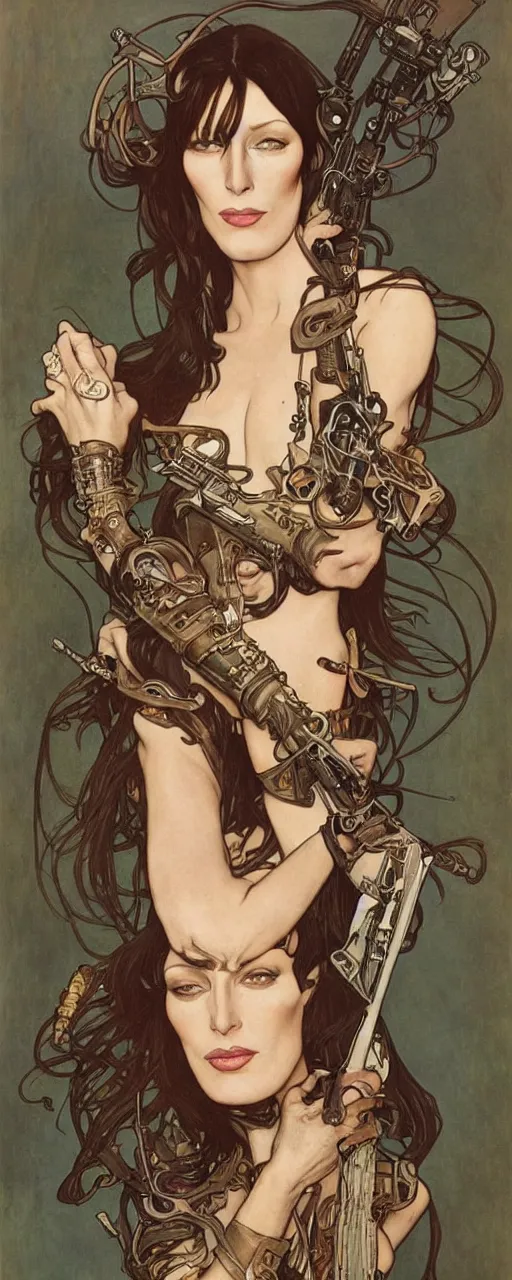 Image similar to striking sensual cartoon art nouveau style portrait of anjelica huston as an industrial crustpunk rebel soldier by glenn fabry, simon bisley and alphonse mucha, photorealism, extremely hyperdetailed, perfect symmetrical facial features, perfect anatomy, ornate declotage, spikes, latex, excited expression, wild eyes