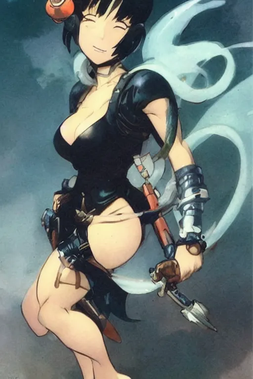 Prompt: a cute anime woman by frank frazetta and ross tran