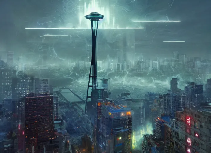 Image similar to seattle being attacked by a mega humanoid giant, by beeple and maciej kuciara and greg rutkowski