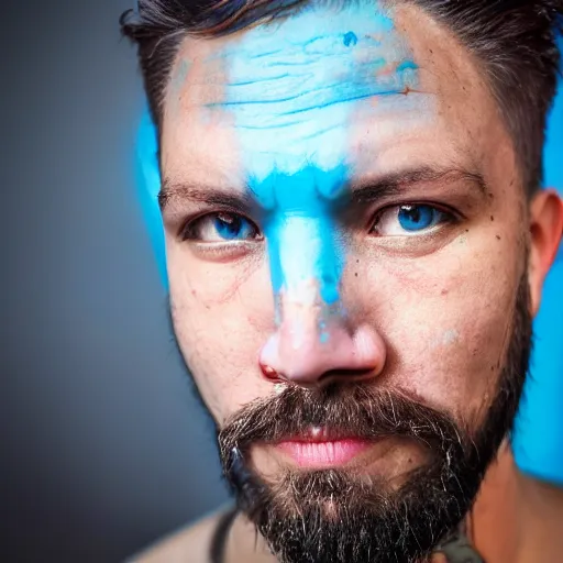 Image similar to fish eye lens close up photograph of a man with blue skin and a goatee side eyeing the camera with a sympathetic look