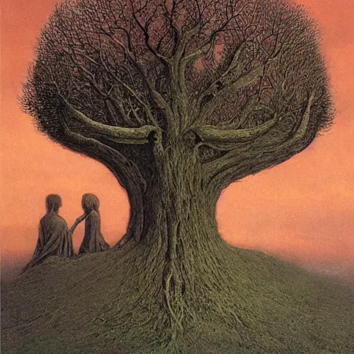 Prompt: Adam and Even dressed in Victorian dresses hug under the Tree of Life, by Beksinski