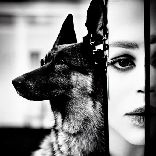 Image similar to fashion photography of a model with the head of a german shepherd, wearing futuristic hip - hop fashion, inside berghain, futuristic fashion, photo 3 5 mm leica, hyperdetail, 8 k, very detailed, black and white