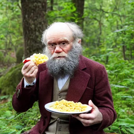 Prompt: charles darwin eating mac and cheese in the woods