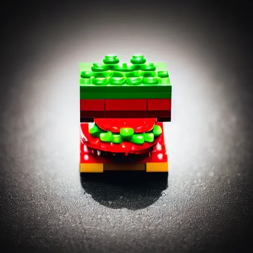 Prompt: a LEGO hamburger, photograph in a dark room, low light 35mm