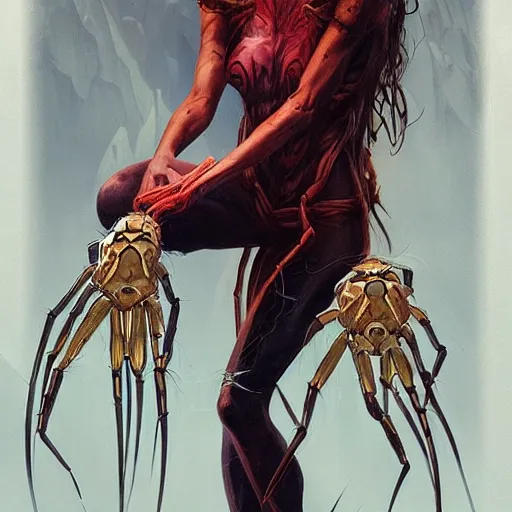 Prompt: A portrait painting of a spider woman with giant spider legs and hair needles crawling out of a volcano, illustration, detailed, award-winning, trending on artstation, by artgerm and Greg Rutkowski and Alphonse Mucha H-768