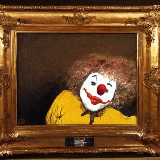 Prompt: an oil painting of a clown watching soccer on tv, goya, dark,