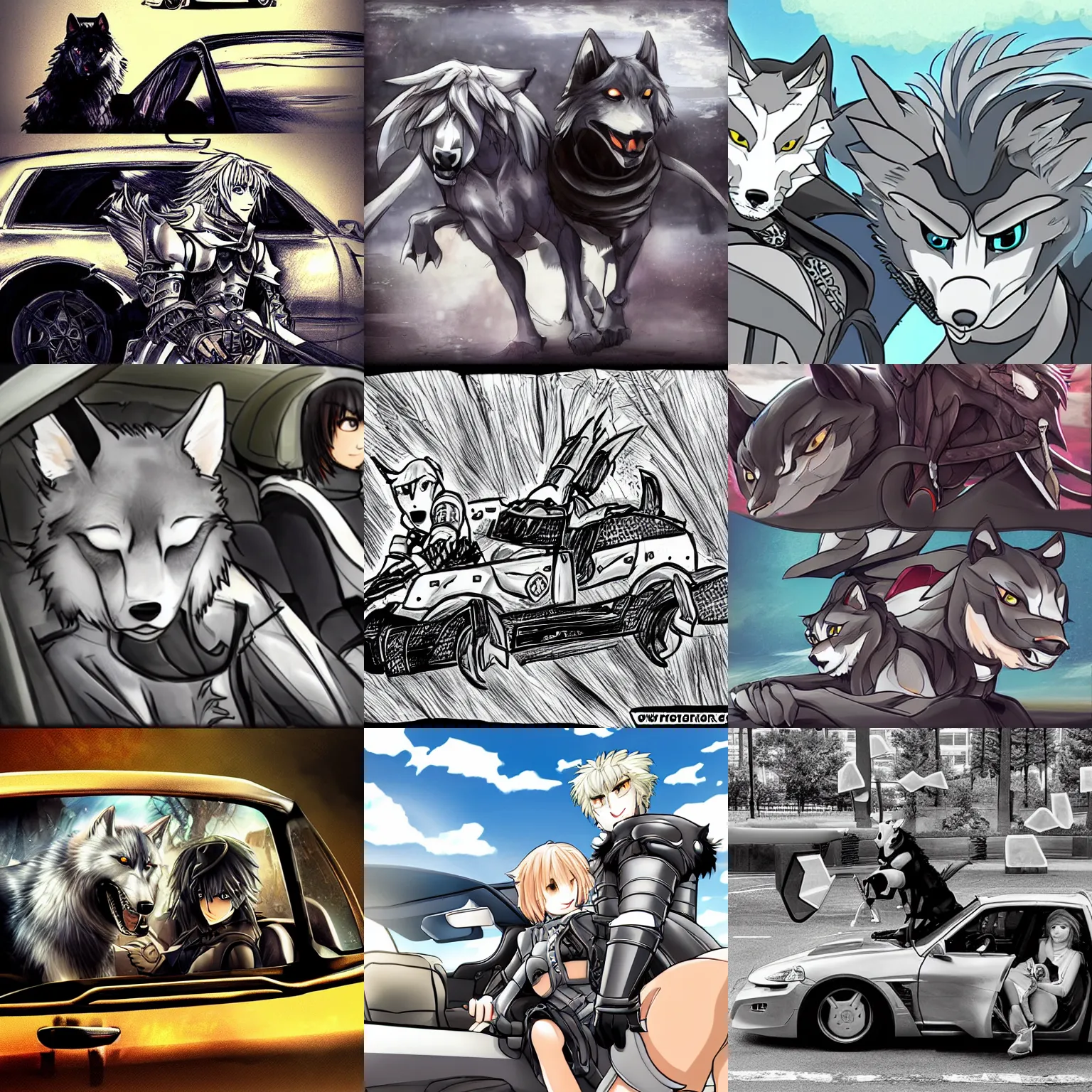 Prompt: ( knight + wolf ) × [ in a car ]