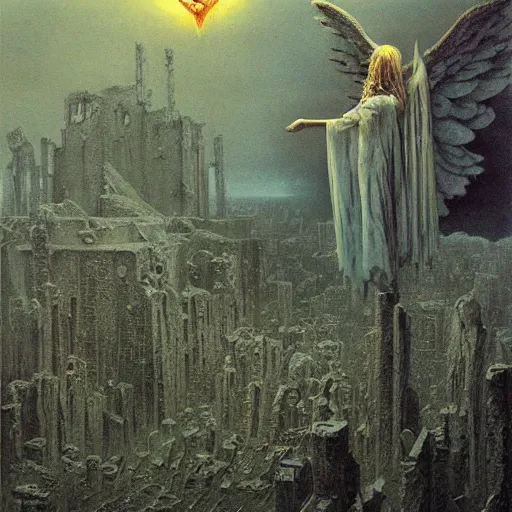 Prompt: lovecraftian angel floating above a ruined city, highly detailed beksinski painting