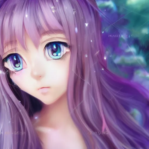 Image similar to 3d portrait of an adorable anime girl with long hair, looking partly to the left, blue shining eyes, light makeup, light pink lipstick, purple eyeliner, bokeh effect with forest background, 4k, highly detailed, anime art style, soft brushes