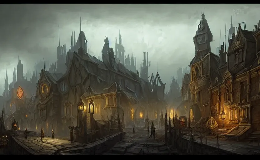 Image similar to extreme long shot concept art depicted old english majestic town, dramatic mood, overcast mood, dark fantasy environment, dieselpunk, art by legends of runeterra and league of legends and arcane, art by tony sart and mauro belfiore, trending on artstation, unreal engine, golden ratio, spectacular composition