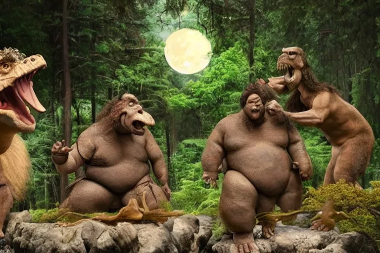 Image similar to photo, neanderthal people, sumo japanese, eating inside mcdonalds, surrounded by dinosaurs!, gigantic forest trees, sitting on rocks, bright moon