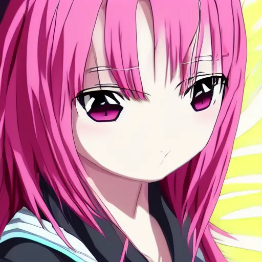Image similar to high quality anime art of the face of an anime samurai girl with pink hair, animation, semi realistic
