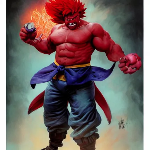 Image similar to david koechner as akuma street fighter, kicking, 4 k, ultra realistic, detailed focused art by artgerm and greg rutkowski and alphonse mucha