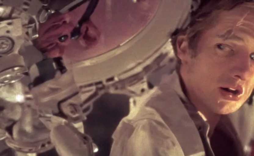 Image similar to screenshot of Julian Moore in 2001 Space Oddyssey (1968) by Stanley Kubrick, 4k still frame, windy hair, cinematic lighting, stunning cinematography, hyper detailed scene, anamorphic lenses, kodak color film stock