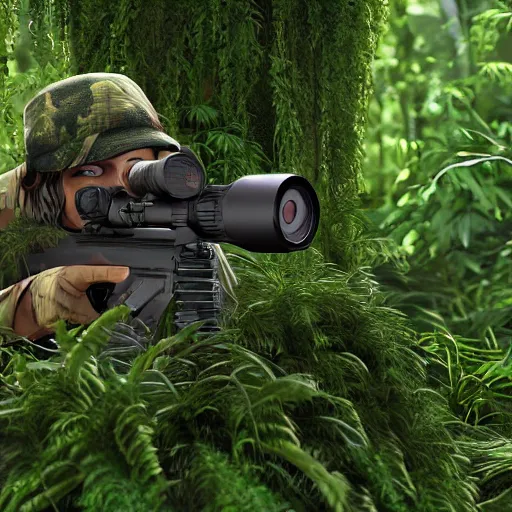 Prompt: camouflaged sniper hidden in jungle bushes aiming, dense foliage, trending on artstation, 4 k, hyperrealistic,