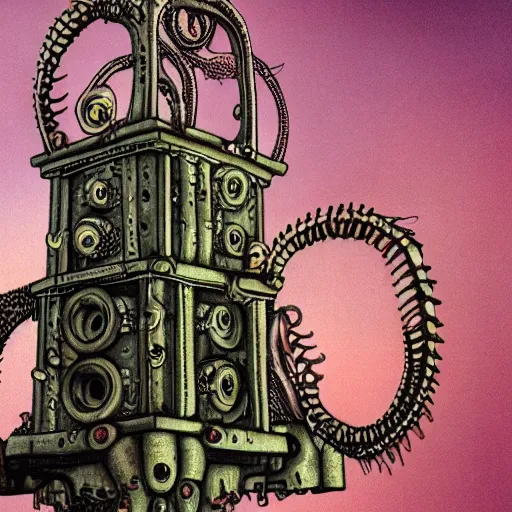 Image similar to lovecraftian biomechanical machine-tower with fleshy tendrils and eyeball at top overlooking dystopian wasteland, highly detailed, colorful with red hues