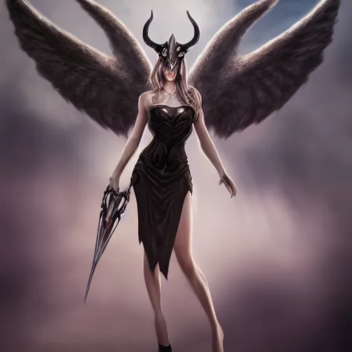 Image similar to perfectly - centered - portrait - photograph of evil fallen angel with long horns wearing a dress, the perfect human female specimen, intricate, elegant, super highly detailed, professional digital painting, artstation, concept art, smooth, sharp focus, no blur, no dof, extreme illustration, unreal engine 5, 8 k, by anne stokes