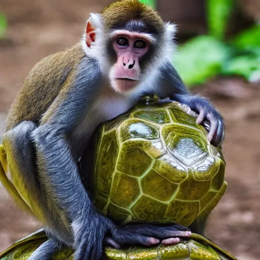 Image similar to a monkey sitting on the back of a turtle