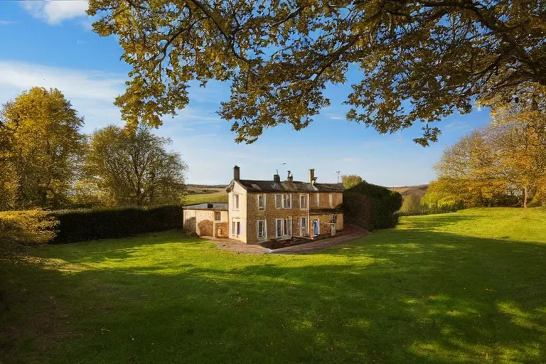 Image similar to an estate agent listing external photo of a golden 5 bedroom detached house, made of gold, metal, golden, sparkling, in the countryside, sunny day, clear skies, by Paul Lehr