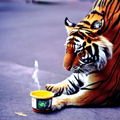 Image similar to 9 0 s photography of a tiger smoking pot in the streets
