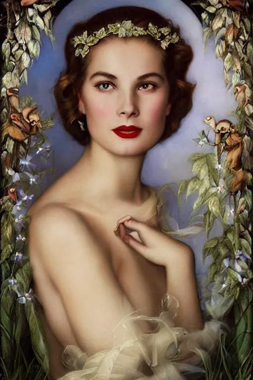 Image similar to A young and extremely beautiful Grace Kelly explaining the birds and the bees by Tom Bagshaw in the style of a modern Gaston Bussière, art nouveau, art deco, surrealism. Extremely lush detail. Perfect composition and lighting. Profoundly surreal. Lush surrealistic photorealism. Sultry expression on her face.