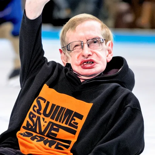 Prompt: Stephen Hawking in supreme hoodie, skating in haven