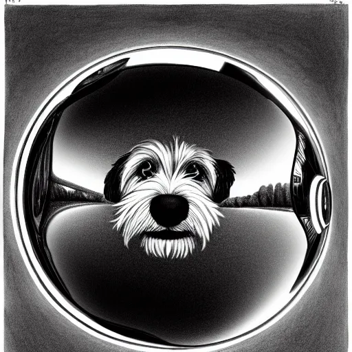 Image similar to self portrait of a havanese dog reflecting into a chrome sphere, pen on paper, by mc escher