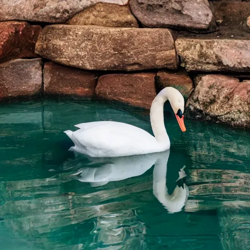 Prompt: a photo of a swan pulling a container and swimming in a blue lake, canon eos r 3, f / 1. 4, iso 2 0 0, 1 / 1 6 0 s, 8 k, raw, unedited, symmetrical balance