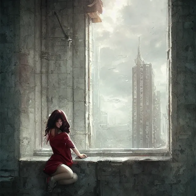 Image similar to window, eye, women, buildings, surprise, scared, couch by wlop, artgerm, greg rutkowski