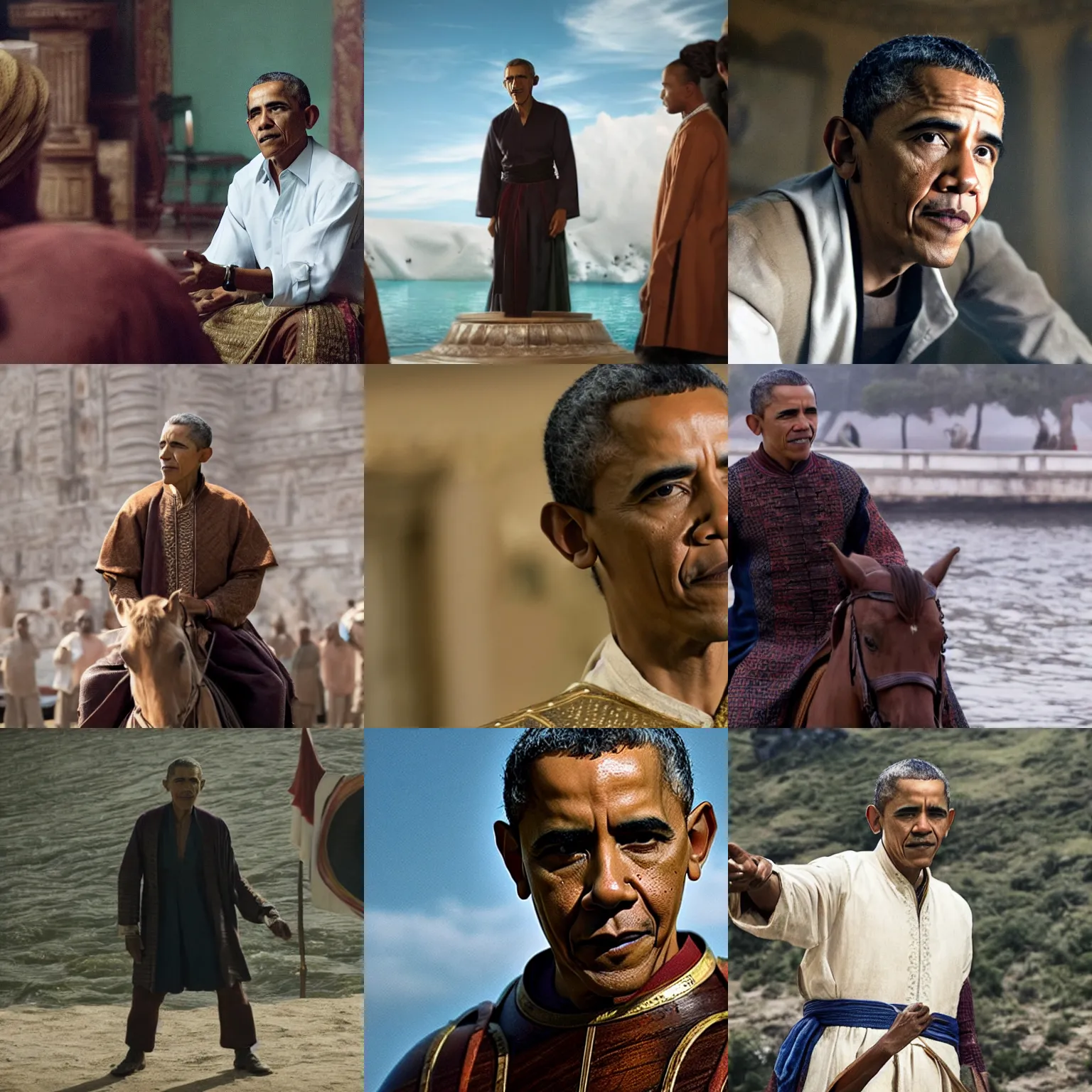 Prompt: Movie still of Barack Obama in Marco Polo