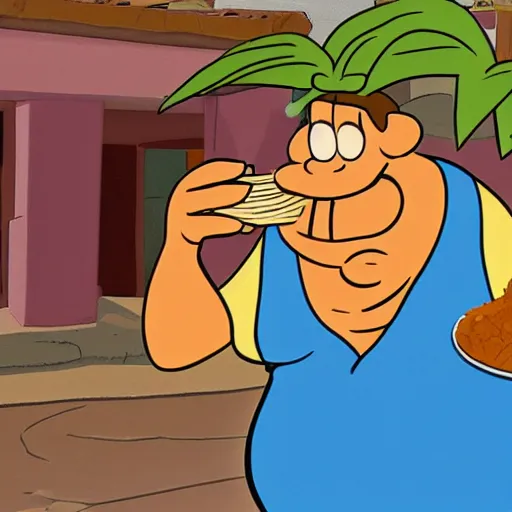 Prompt: Fred Flintstone eating tamales, animated